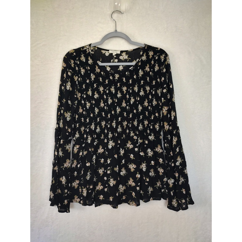 Maurices Floral Blouse Long Sleeve Smocked Black Top Size L
